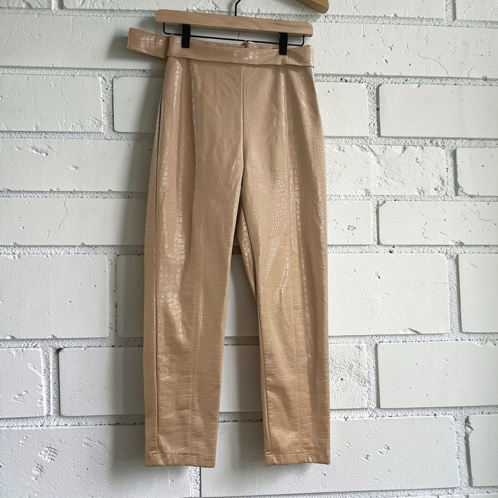 JLUXLABEL Croc Faux Leather Paperbag Pants Back Belt Detail Beige Quiet Luxury S